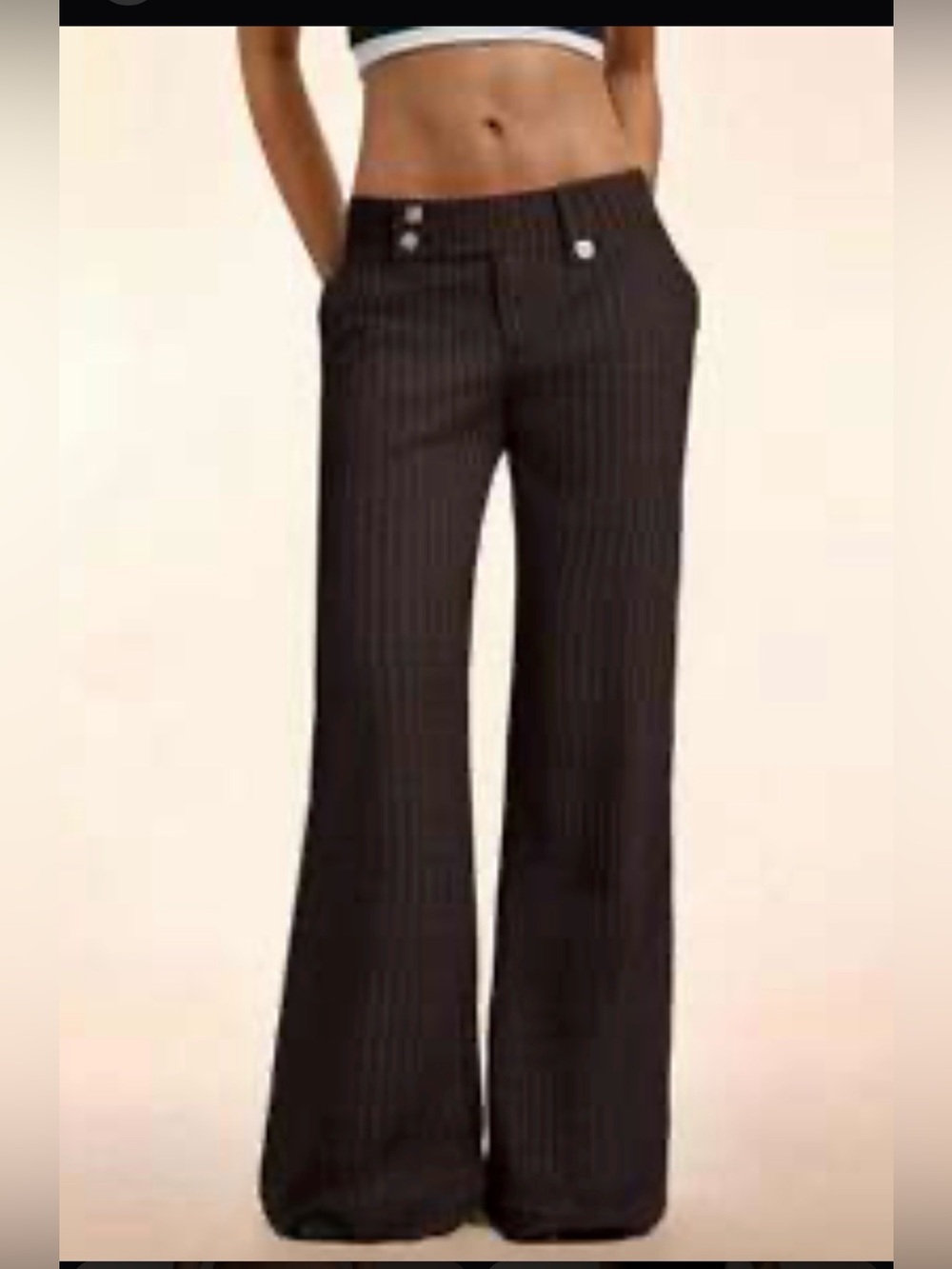 Vintage y2k low rise Black Pinstripe Wide-Leg Trousers with crystal buttons